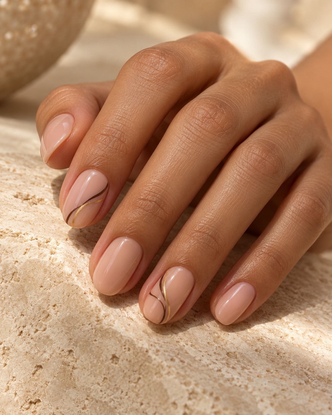 Inspiração de nail art nude com detalhes em dourado e marrom, criada com IA