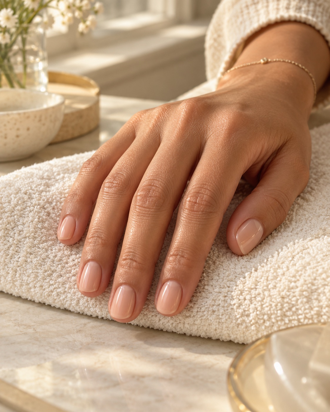 Manicure curta com acabamento natural, imagem criada com IA