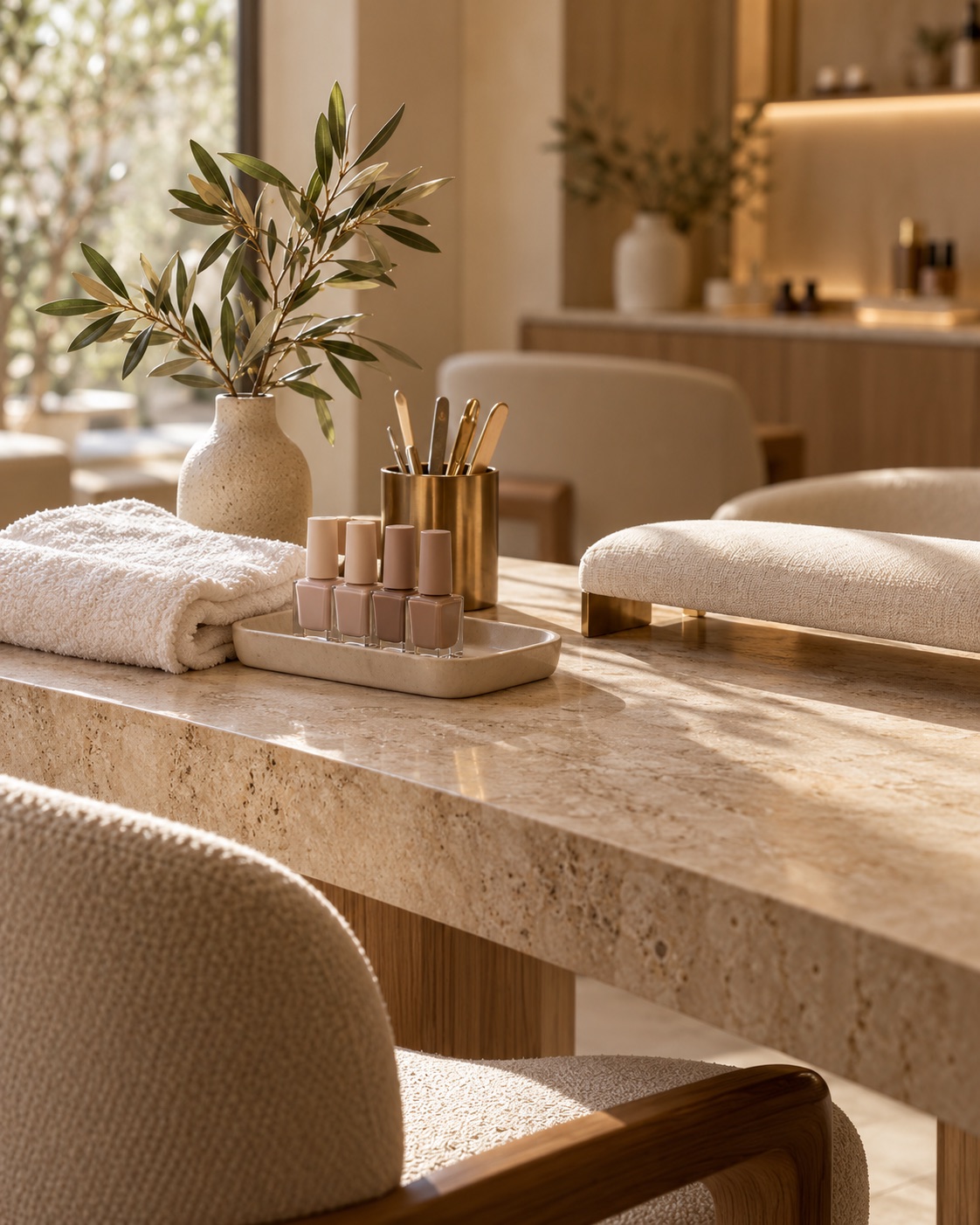 Conceito de bancada de manicure em tons naturais, criado com IA